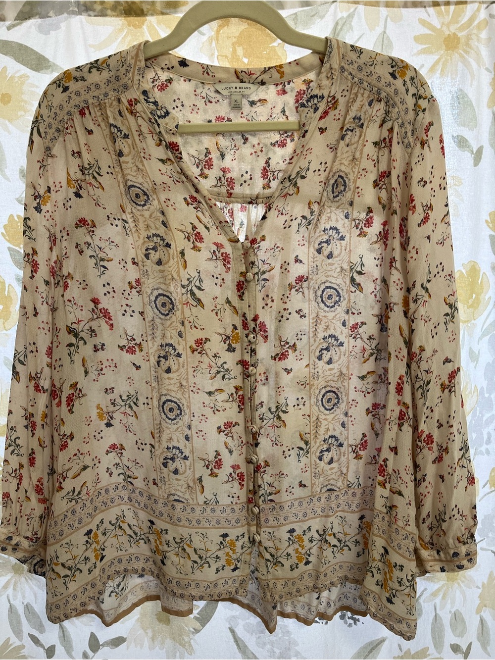 Lucky Brand Cream Floral Button-Front Peasant Blouse